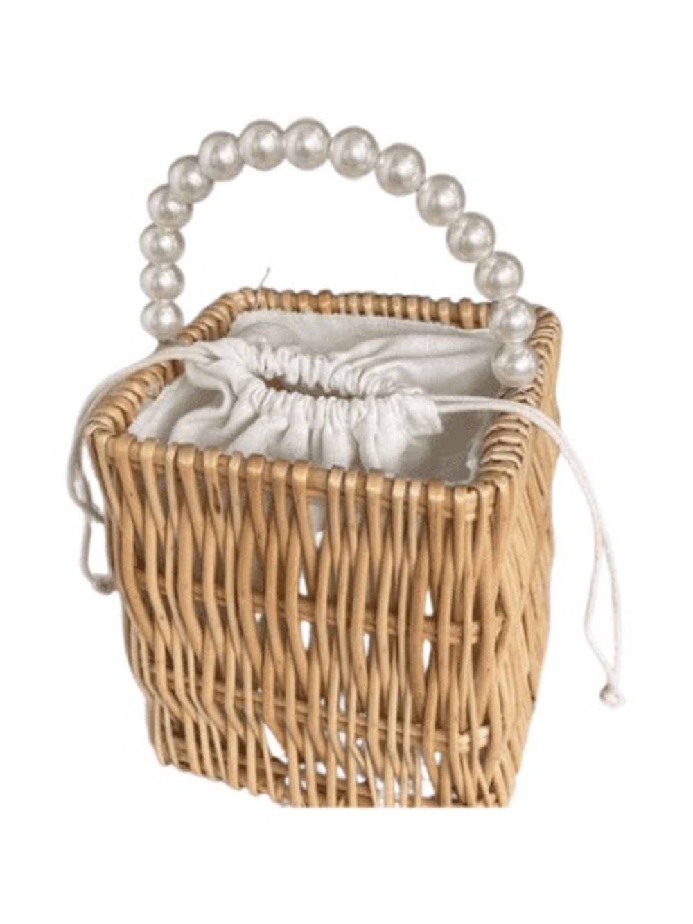 Pearl-handle Wicker Basket Bag in Natural and White